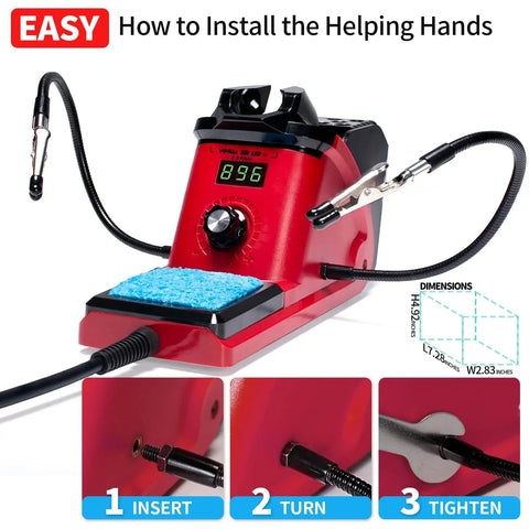 110W Soldering Iron Station Kit With LED Display, helping hands installation steps shown with insert, turn, tighten instructions.
