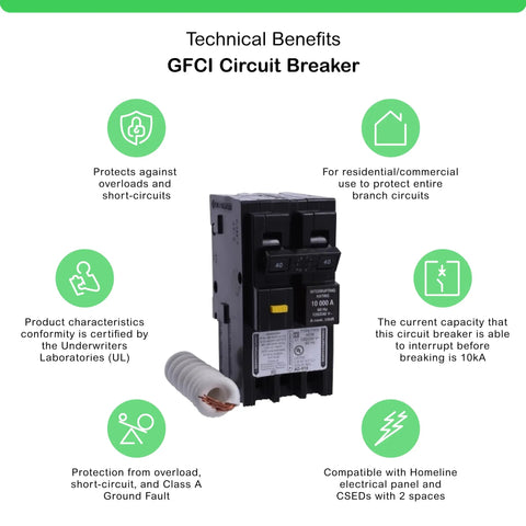 40 Amp 2 Pole GFCI Circuit Breaker For Home Use 120V 240V AC 10kA Breaking Capacity Plug In Mount Residential Class A Wire Range 12 AWG To 4 AWG Copper Or Aluminum