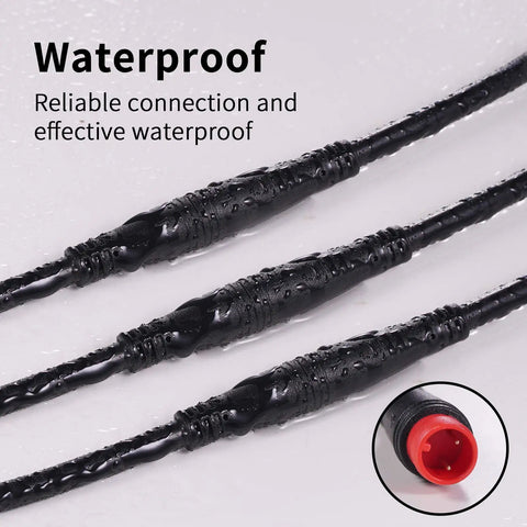 Close-up of waterproof extension cable kit for electric bicycles with 2Pin to 9Pin connectors, showing water-resistant feature.