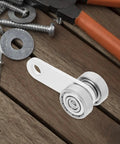 Rock Solid Double Bearing Sliding Door Pulley With Hella Smooth V Groove Wheel, silver metal design on wooden surface, close-up view.