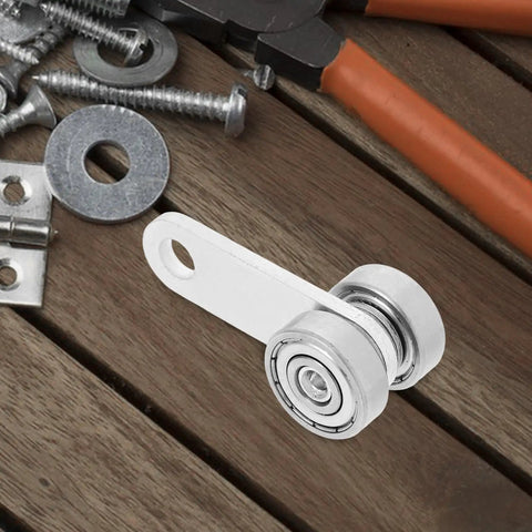 Rock Solid Double Bearing Sliding Door Pulley With Hella Smooth V Groove Wheel, silver metal design on wooden surface, close-up view.