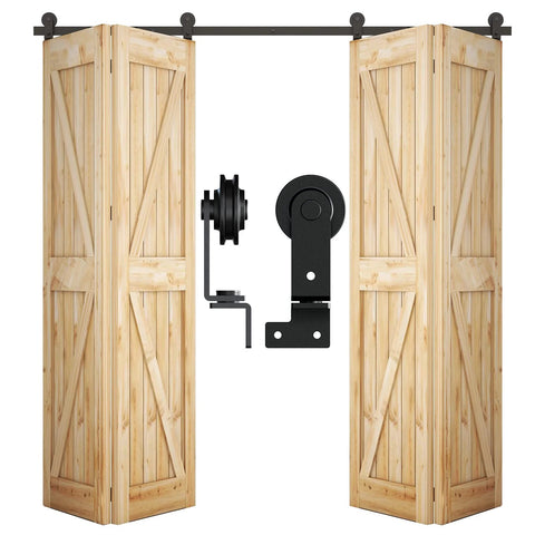 Heavy Duty 6ft Barn Door Bi-Folding Hardware Kit For Four Panels, Sliding Track System, Durable Carbon Steel With Frosted Black Finish