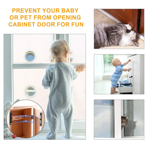 Child and cat interacting with cabinets using Ultra Thin Magnetic Catch For Cabinets Pack Of 8, Heavy Duty Door Closers, Black Finish.