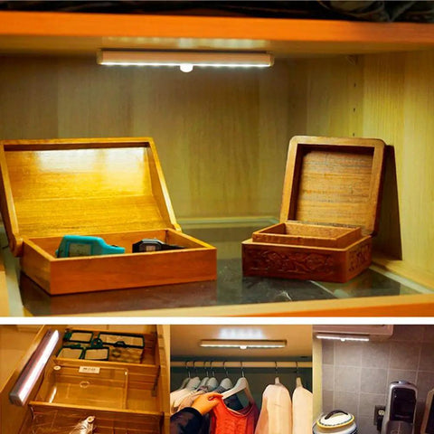 Stick On Portable Wireless LED Night Light With 10 LEDs, Magnetic Tap Light in a cabinet, illuminating stored items