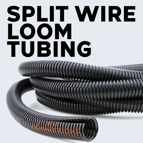 3-Pack Split Wire Loom Tubing Kit, 1/4in, 1/2in, and 3/4in Convoluted Tubing in black, coiled on light background