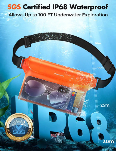 Waterproof Phone Pouch 2 Pack With Adjustable Waist Strap 9.8 Inch Front Window SGS IP68 Floating Dry Bag underwater view