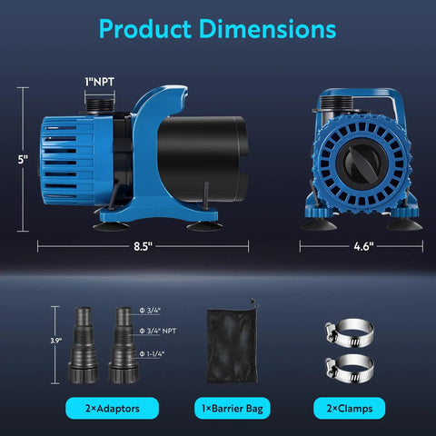 High Flow Submersible Pond Pump For Fountain Fish Pond And Waterfall Adjustable 600 To 1800 GPH 13 Ft Lift 100W Ultra Quiet Water Pump With Filter Bag And 20 Ft Cord UL Listed, showing product dimensions and accessories like adaptors, clamps, and bag.
