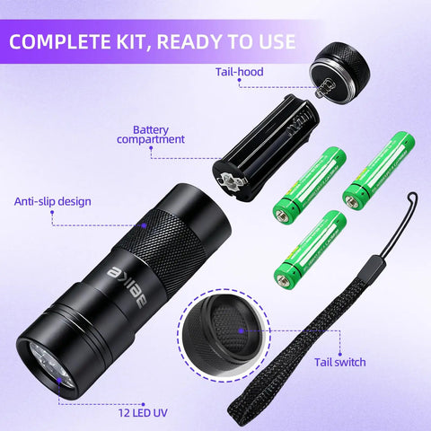 Complete kit view of Tiny But Mighty Portable UV Black Light Flashlight with 12 LEDs including batteries, tail switch, and body details.