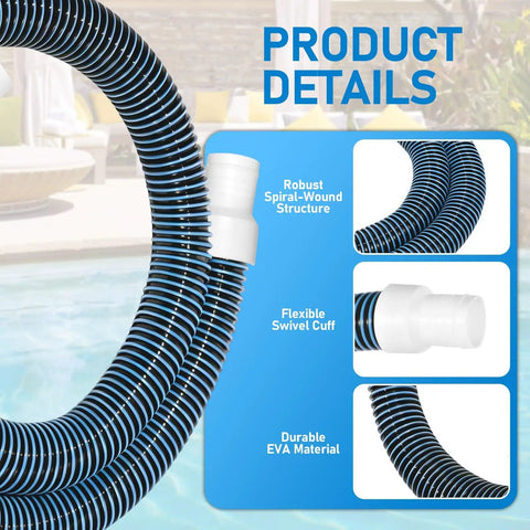 Close-up of 2 Pack 1.25 Inch EVA Pool Pro Grade Hoses with 2026 Upgrade Flexible Tube Head, showing spiral-wound structure and swivel cuff