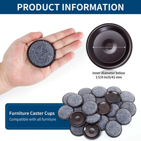 Round 1.625 Inch Inner Diameter Furniture Caster Cups With Felt Pads, 16 Piece Reusable Coasters To Protect Hardwood, Tile Or Carpet From Scratches, Ideal For Small Chairs And Tables, Brown And Gray