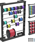 Heavy Duty Wall Mount Wire Spool Rack Featuring Six Adjustable Rods And Rust Resistant Steel For Garage Cord Organization, holds multiple colorful wire spools.