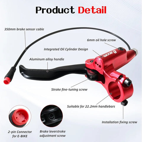 Red aluminum 2 Pin Safety Cut Off Brake Levers for Electric Bikes and Scooters Motor Power Off Brake Handles with labeled parts