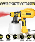 Heavy Duty HVLP Paint Sprayer With Kick Ass 850W Motor And Four Slick Nozzles For Dead Smooth Cabinet Fence Wall Coverage That Washes Down With No Sweat For Weekend Warriors showing close-up of sprayer with paint spraying.