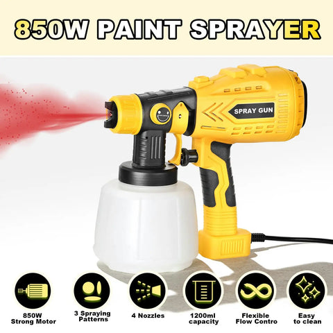Heavy Duty HVLP Paint Sprayer With Kick Ass 850W Motor And Four Slick Nozzles For Dead Smooth Cabinet Fence Wall Coverage That Washes Down With No Sweat For Weekend Warriors showing close-up of sprayer with paint spraying.