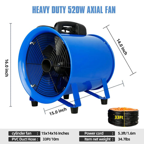 Heavy duty 520W axial fan with 12-inch blade, shown from side, includes 33-foot duct hose, part of the Beastly 520W Utility Axial Blower product line.