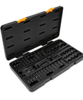 Open case for 57 Piece Three Eighth Inch Drive Six Point Mechanics Tool Set With Standard And Deep Sockets SAE Metric 90 Tooth Gear For Tight Spots And Reduced Fastener Rounding Including Stubby And Standard Ratchets