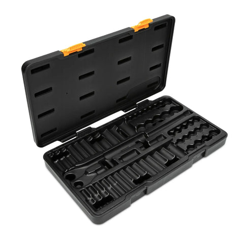 Open case for 57 Piece Three Eighth Inch Drive Six Point Mechanics Tool Set With Standard And Deep Sockets SAE Metric 90 Tooth Gear For Tight Spots And Reduced Fastener Rounding Including Stubby And Standard Ratchets