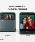 Galaxy Z Flip 3 5G Unlocked Android Cell Phone With 256GB Storage Flex Mode showing dual preview for selfies.