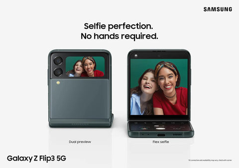 Galaxy Z Flip 3 5G Unlocked Android Cell Phone With 256GB Storage Flex Mode showing dual preview for selfies.