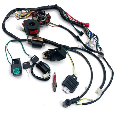 Complete Motorcycle Ignition Coil Kit Plug And Play With Wiring Harness CDI Stator 6 Coil For ATV Quad Pit Bike Go Kart 50cc 70cc 110cc 125cc Ignition Switch Repair, including wiring harness with connectors, CDI unit, and spark plug on white background.