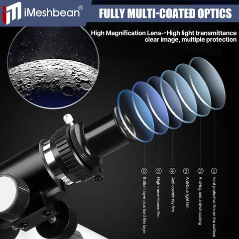 Portable 76mm Aperture 700mm Focal Length Reflector Telescope With AZ Mount For Beginners lens diagram and moon view