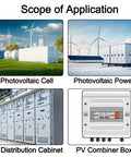 Illustration of photovoltaic cell, photovoltaic power, DC distribution cabinet, and PV combiner box application scope