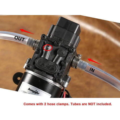 12V Diaphragm Water Pump 1.5 GPM At 100 PSI Self Priming DC Fresh Water Pump For RV Camper with hose clamps shown