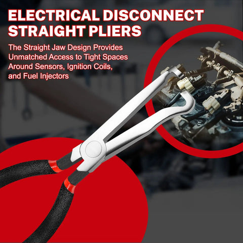 5 Piece Electrical Disconnect Pliers Set With Knuckle Friendly Textured Grips For Extracting Car Terminal Pins and Wire Terminals, designed for tight spaces.