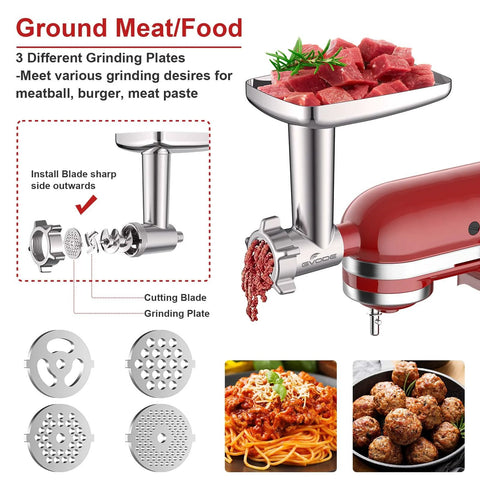Stainless steel meat grinder attachment for KitchenAid stand mixer with 4 grinding plates, 3 sausage tubes, and 2 blades