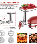 Meat Grinder And Cheese Grater Attachments For KitchenAid Stand Mixer in use, grinding meat with red stand mixer, multiple plates shown.