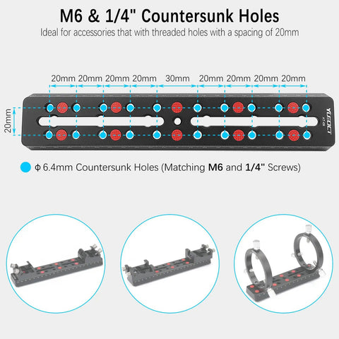Diagram of Vixen Style Dovetail Telescope Mounting Plate 230mm Rail Bar with countersunk holes for screws, showing dimensions.