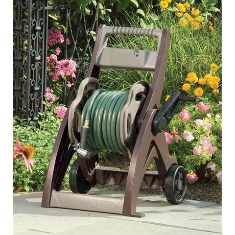 175 Ft Hose Reel Cart With Taupe Finish, Manual Operation, wheelbase rolls, garden setting, durable