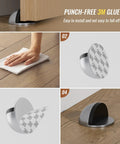 Stainless Steel Half Dome Floor Door Stop With Rubber Buffer Self Adhesive No Drilling Needed Door Stopper For Bedroom Living Room Bath Shower Office Silver 4 Pack, showing installation and use.