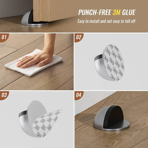 Stainless Steel Half Dome Floor Door Stop With Rubber Buffer Self Adhesive No Drilling Needed Door Stopper For Bedroom Living Room Bath Shower Office Silver 4 Pack, showing installation and use.