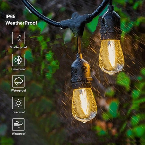 IP65 waterproof outdoor string lights with dimmable S14 bulbs shown in rain, 105 Ft Outdoor String Lights With 1W Dimmable S14 Bulbs