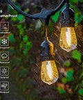Outdoor LED String Lights 50Ft With 16 Shatterproof S14 Bulbs, IP65 Waterproof, shown glowing under rain conditions