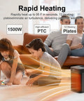 Compact Indoor Space Heater With Remote, 1500W PTC Ceramic, Thermostat beside kids in living room, showcasing rapid heating