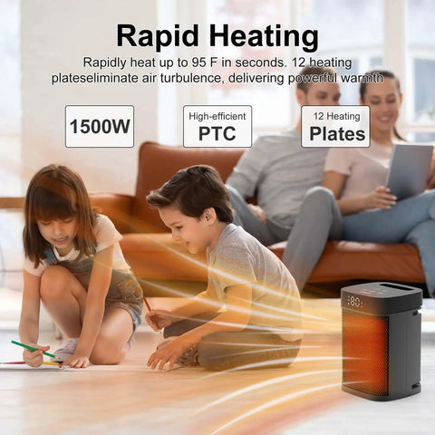 Compact Indoor Space Heater With Remote, 1500W PTC Ceramic, Thermostat beside kids in living room, showcasing rapid heating