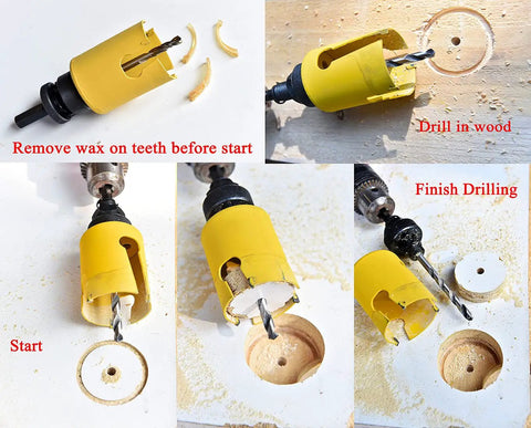 8-1/16-Inch Carbide Tipped Hole Saw Kit With 205mm Tungsten Teeth, 2.25-Inch Cutting Depth, 5/8-18 Arbor, And Pilot Drill - usage steps