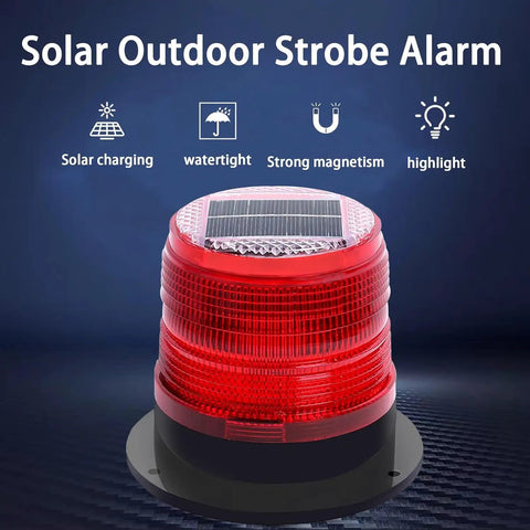 Solar Strobe Warning Light With Magnetic Base Waterproof LED Beacon showcasing solar panel and red flashing design