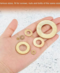Brass Flat Washers M6 Set, 14mm OD, 1mm Thick, 100 Pack, Rust-Resistant Seal Rings For Screws Bolts Nuts, Great For Auto, Marine, And DIY Projects Everyday Use, assorted brass washers in hand