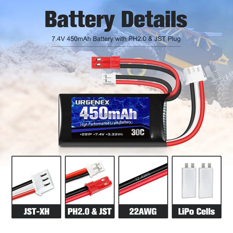 7.4V 450mAh 2S LiPo Battery with JST and PH2.0 plugs, 30C discharge, showing connectors and size details, for RC vehicles