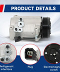Top Shelf AC Compressor And Clutch Assembly Compatible With Buick Enclave, featuring refrigerant interface, plug, and clutch details.