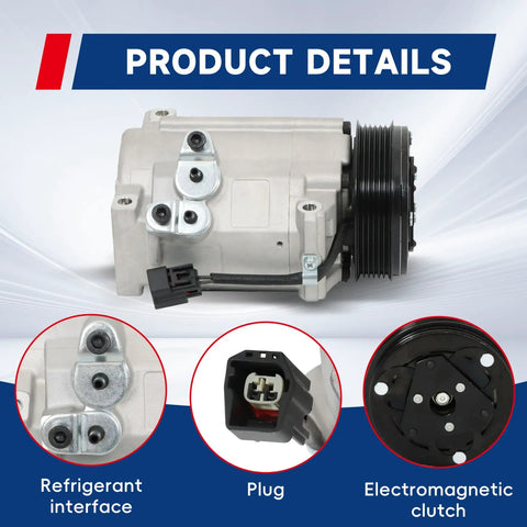 Top Shelf AC Compressor And Clutch Assembly Compatible With Buick Enclave, featuring refrigerant interface, plug, and clutch details.