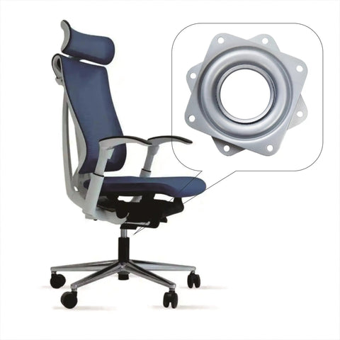 Top Rated Galvanized Steel Square Lazy Susan Turntable Plates With Hella Sturdy Ball Bearing Swivel That Glides Like Butter For Kitchen Cabinets And Desk Organizers Supports Up To Three Hundred Pounds. Close-up of swivel plate next to ergonomic office chair.