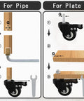 Instructional guide for Smooth Like Butter Heavy Duty Swivel Casters Set Of Four Silent Pu Tread Wheels installation on pipe and plate.