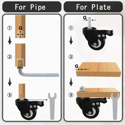 Instructional guide for Smooth Like Butter Heavy Duty Swivel Casters Set Of Four Silent Pu Tread Wheels installation on pipe and plate.