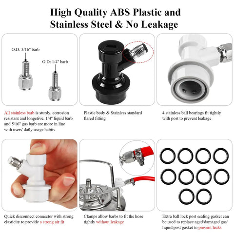 5 Pair Ball Lock Quick Disconnect Set For Corny Kegs Homebrewing With Barbed Nut Adapters, Gas And Liquid Disconnects, Includes 5/16 Inch Gas Barb Nut And 1/4 Inch Beer Barb Nut Adapters. White and black plastic disconnects with stainless barb fittings, O-rings, and hose connection setup