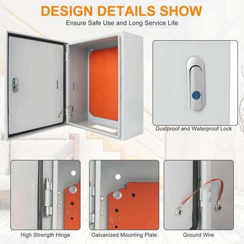 Built To Last Cold Rolled Steel Electrical Enclosure Box 20X16X8 Inch features high strength hinge and waterproof lock.