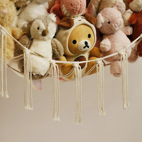 Stuffed Animal Storage Hammock Net For Corners And Walls holding plush toys in cotton macrame, hanging organizer detail.